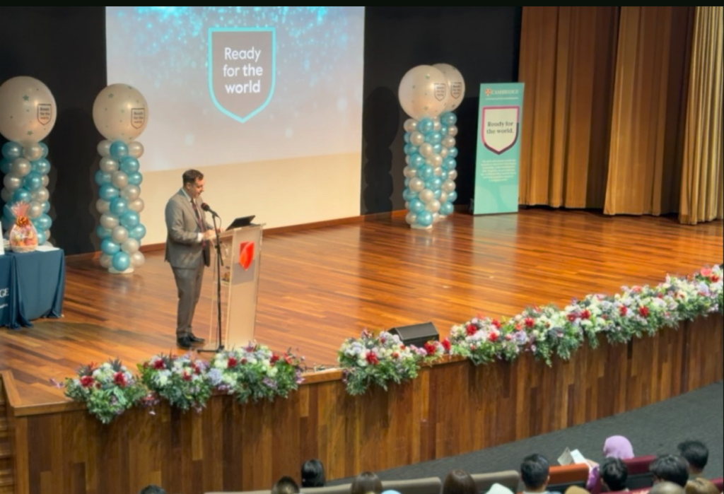 Ryan Peet, Head of Secondary at Taylor’s International School Puchong, delivering a welcome speech during the Outstanding Cambridge Learner Awards ceremony.