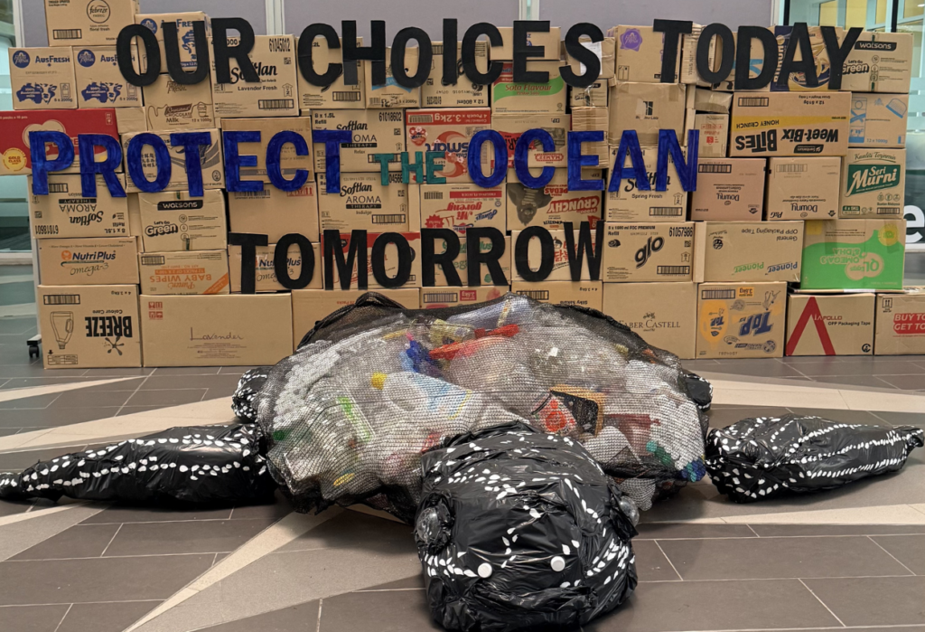Ocean-themed display created from recycled materials and collected plastic waste at Taylor’s International School Puchong during Ocean Week 2026, promoting awareness of ocean health and marine conservation.