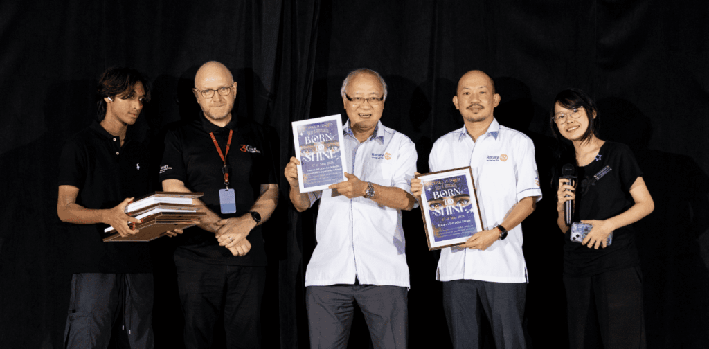 Rotary Club Diraja representatives with Taylor’s International School Kuala Lumpur Head of Secondary and student representatives at IU Night 2026.