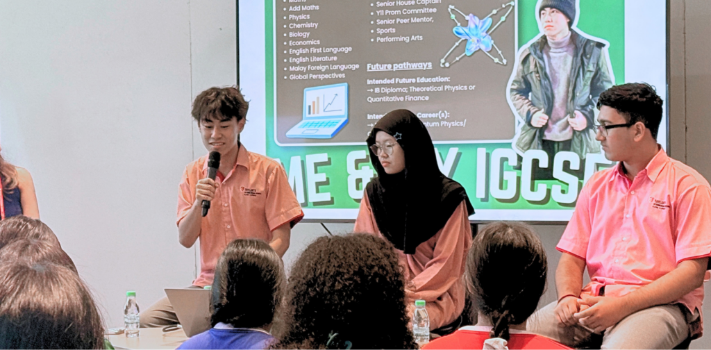 Garet speaking alongside fellow Senior Peer Mentors during the Me & My IGCSE Forum.